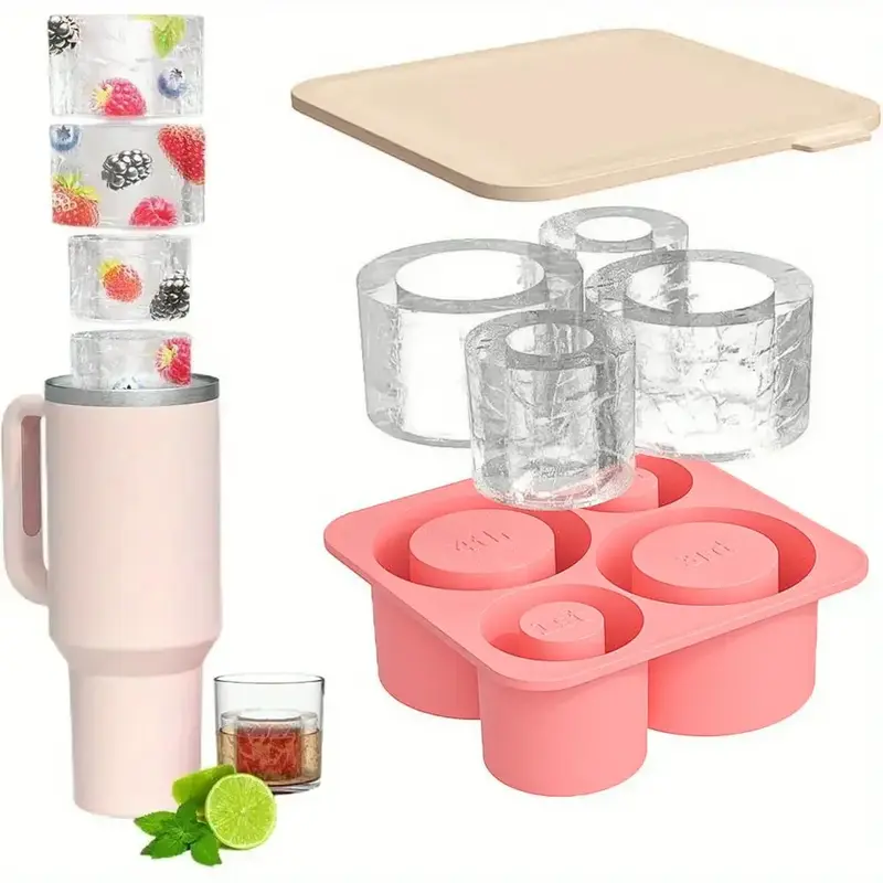 Cup Shaped Ice Cube Mold with Lid, 4-grid Silicone Ice Cube Mold, Reusable Ice Cube Maker for Home Kitchen, Containers