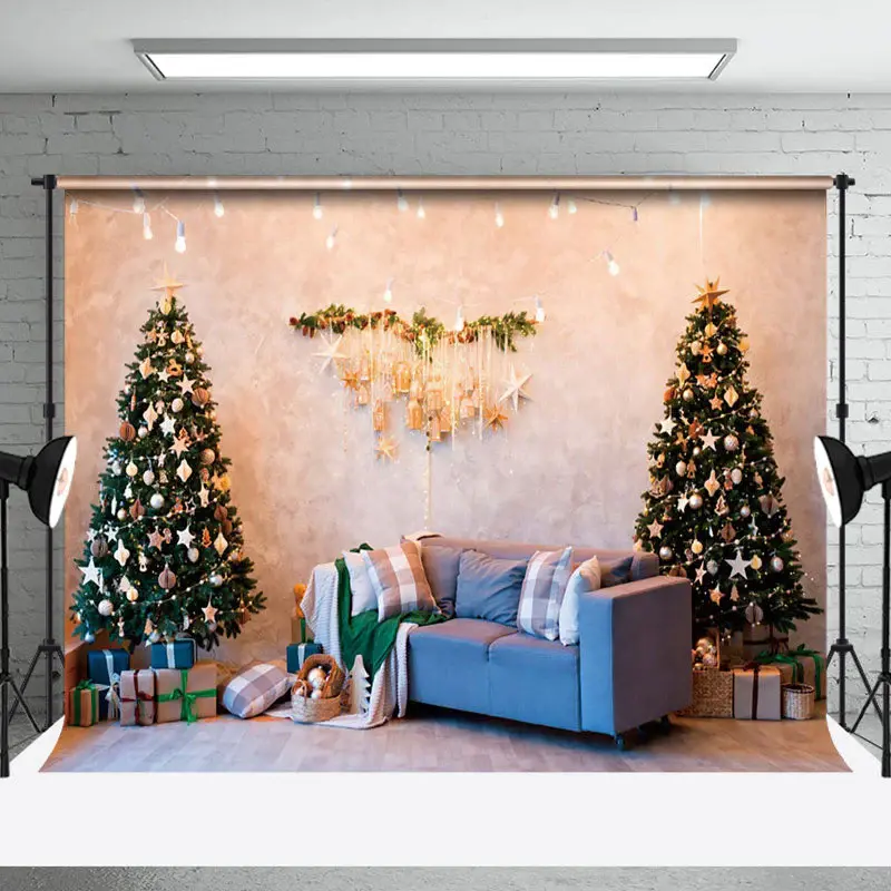 Aperturee Beige Wall Blue Sofa Xmas Tree Christmas Backdrop