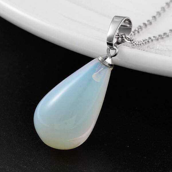 Teardrop Platinum Tone Brass Opal Pendants