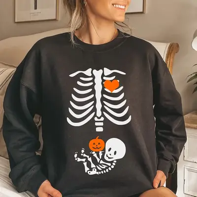 Skeleton Halloween Maternity Sweatshirt, Funny Pregnancy Announcement Shirt 2023, Pregnant Women Costume, Fall New Mom Sweate...