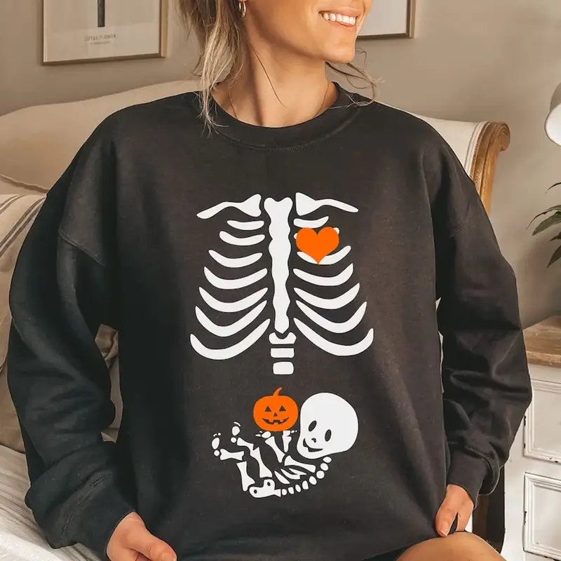 Skeleton Halloween Maternity Sweatshirt, Funny Pregnancy Announcement Shirt 2023, Pregnant Women Costume, Fall New Mom Sweate...