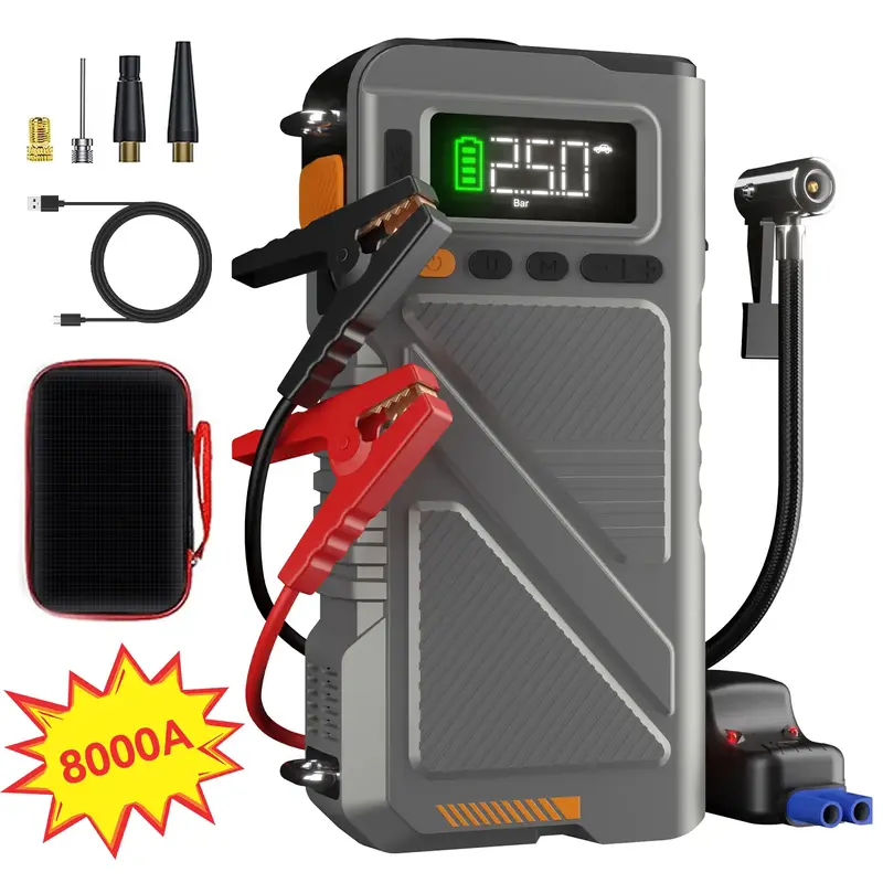 Geeneu 8000A Portable Starter with Air Pump, 10-in-1 for Gas & Diesel, 12V Lithium Battery Starter Power Pack, 150PSI Tire In...