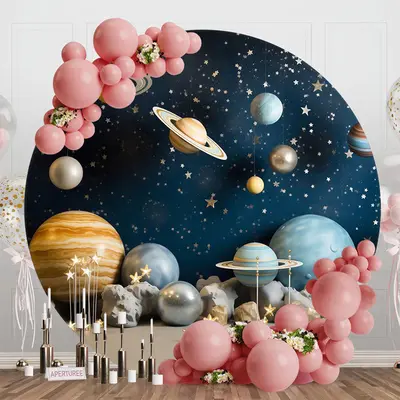 Blue Star Night Galaxy Round Birthday Party Backdrop - Aperturee