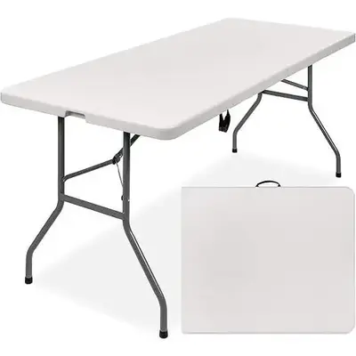 Fold-in-Half Banquet Table w/Handle,8ft, White Folding Table Outdoor Indoor Heavy Duty Portable Table with Carrying Handle fo...