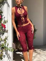 Two-piece Set Women's Solid Lace Up Crop Top & Skinny Pants, Casual Fashion Slim Set for Daily Outdoor Wear, Women Sleeveless...