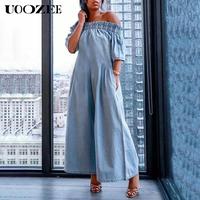 UOOZEE women's loose short-sleeved pleated solid color split elastic summer elegant elastic off-shoulder jumpsuit with pocket...