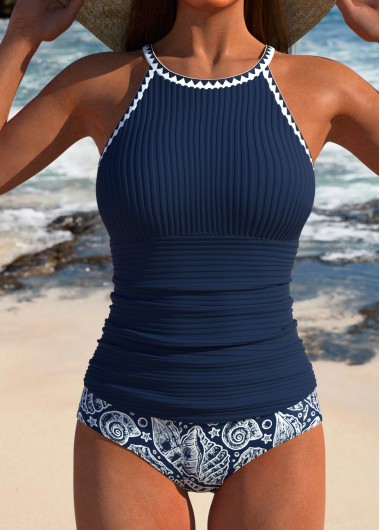 Modlily Contrast Binding Marine Life Print Navy Tankini Set - XL