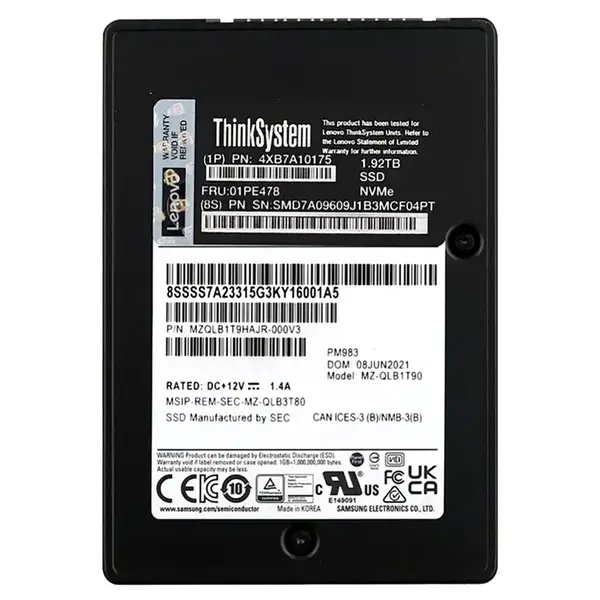 4XB7A10175 Lenovo 1.92TB PCI Express NVMe 3.0 x4 Hot Swappable U.2 2.5-Inch Solid State Drive