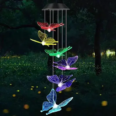 Solar Powered Butterfly Design Wind Chime Light, 1 Count Color Changing Decorative LED Light, Holiday Atmosphere Light, Wate...
