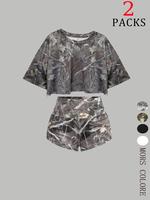 Women's Solid Color / All Over Print Crop Top & Shorts Two-piece Set, Casual Fashion Cozy Breathable Short Sleeve Tee & Short...