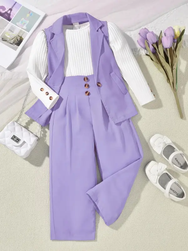 Three-piece Set Toddler Girl's Solid Button Pocket Lapel Sleeveless Vest Blazer & Ribbed Long Sleeve Top & Elastic Waist Pant...