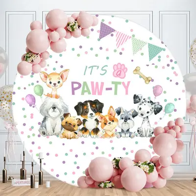 Its A Pawty Cute Puppies Colorful Dots Round Backdrop - Aperturee