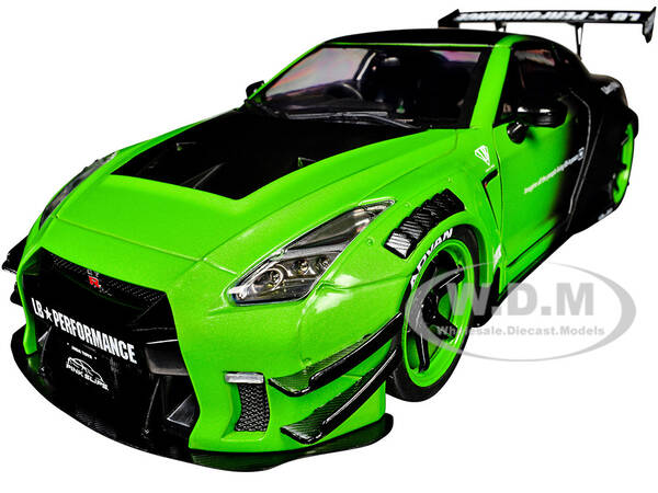 Nissan GT-R (R35) Liberty Walk Body Kit 2.0 RHD (Right Hand Drive) Green and Matt Black Pink Slips Series 1/18 Diecast Mode...