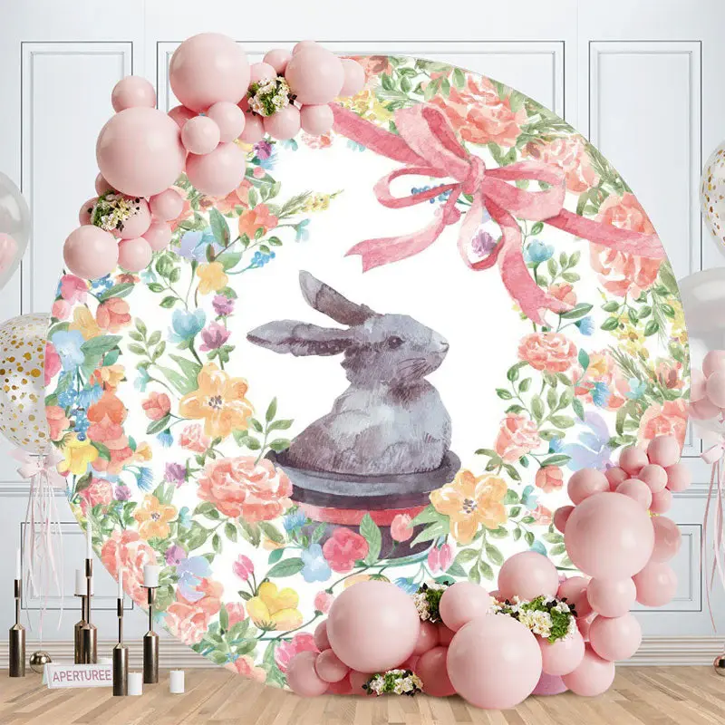 Aperturee Pink Floral And Rabbit Round Baby Shower Backdrop