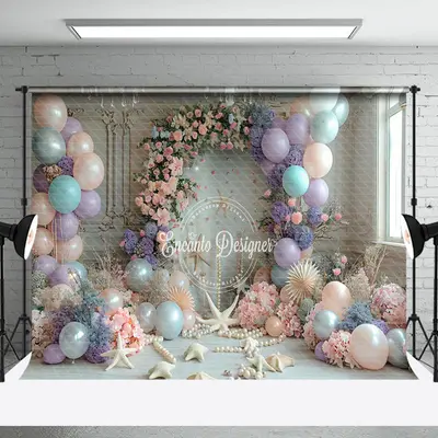 Retro Wall Floral Shell Balloons Cake Smash Backdrop