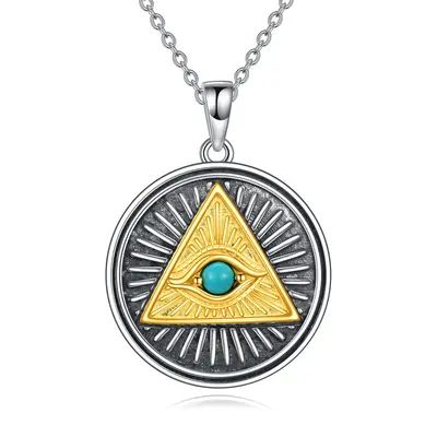 Sterling Silver Two-tone Round Turquoise Eye Of Horus Pendant Necklace