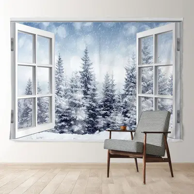 Aperturee White Window Forest Snowy Winter Scene Backdrop