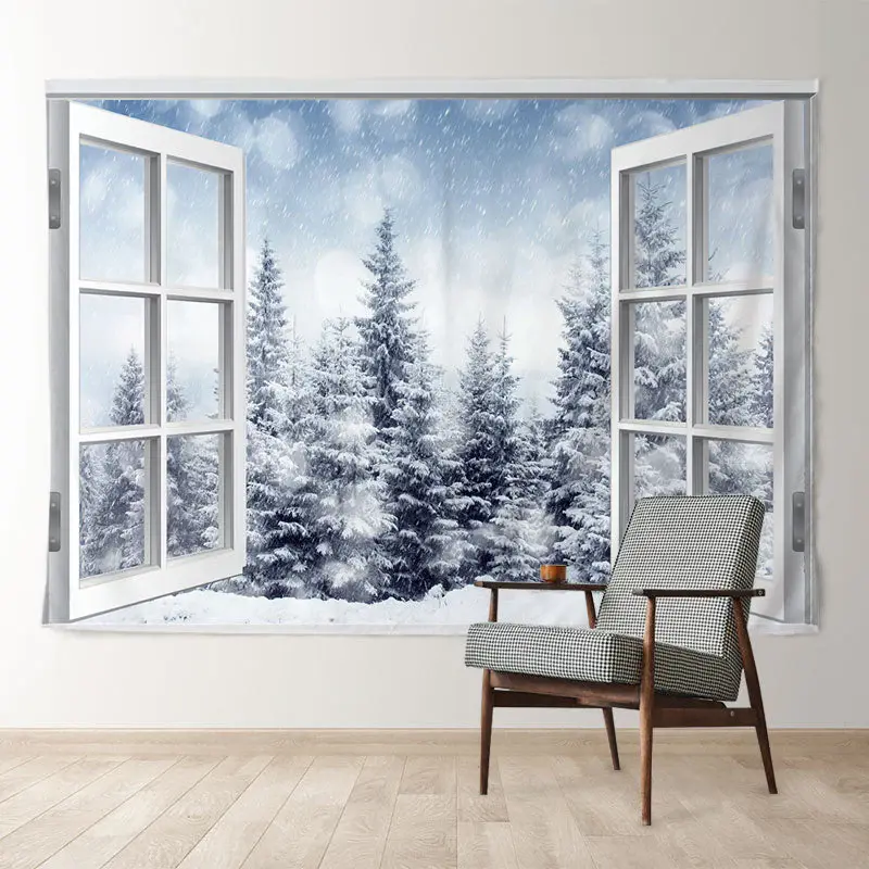 Aperturee White Window Forest Snowy Winter Scene Backdrop