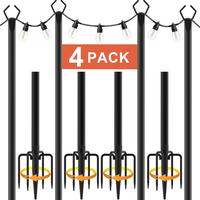 10Ft String Light Poles 4 Pack,Light Poles for Outside Lights,Outdoor with Fence Brackets Hanging Lights,Metal Stand Deck Pat...