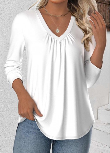 Modlily White Long Sleeve V Neck T Shirt - S