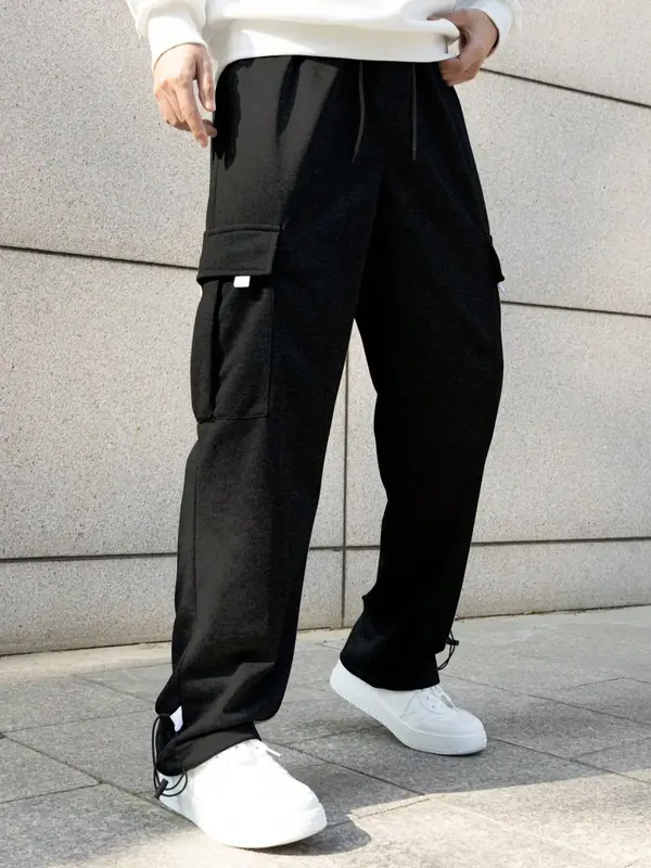 Men's Solid Drawstring Waist Cargo Sweatpants for Spring & Fall, Casual Loose Pocket Jogger Pants, Pants for Men, Sweatpants ...