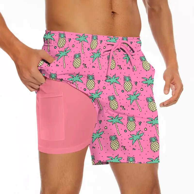 Men's Swim Trunks with Compression Liner Quick Dry Swim Board Shorts Hawaiian Swinwear Suits Elastic Waist Drawstringwith Swi...