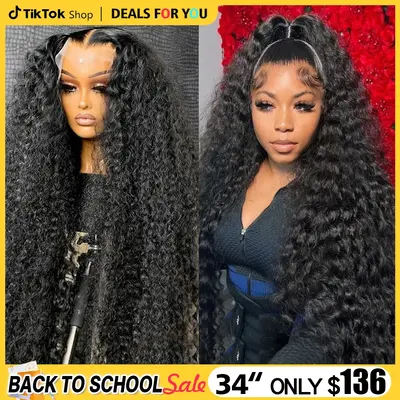 [34inch Only $136] Deep Wave 13x6 Lace Front Wigs Human Hair Pre Plucked 180% Density HD Transparent 13x4 Lace Frontal Wigs F...