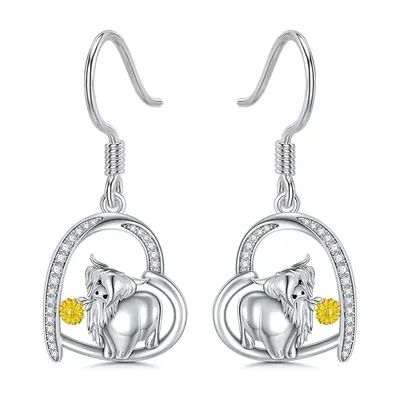 Sterling Silver Cubic Zirconia Highland Cow & Heart Drop Earrings