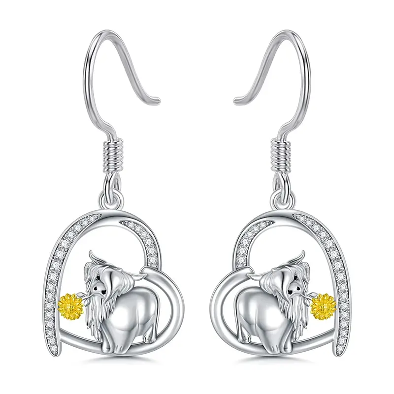 Sterling Silver Cubic Zirconia Highland Cow & Heart Drop Earrings