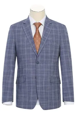 Light Blue Slim Fit Men's Suit - Two Button, Summer Plaid Windowpane