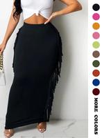 Women's Fringe Trim High Waist Pencil Skirt, Elegant Comfortable Fabric Solid Color Long Skirt for Party Evening Formal Occas...