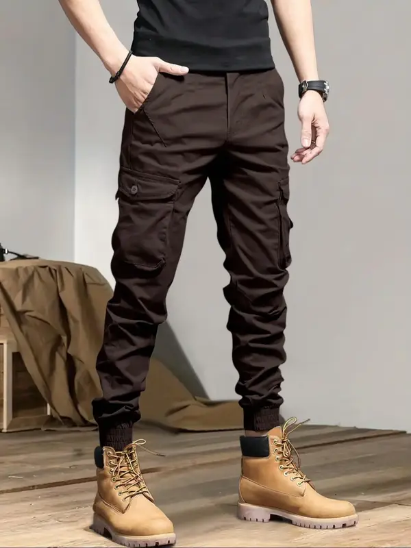 Men's Solid Drawstring Cargo Pants, Loose Casual Pocket Elastic Waist Trousers for Outdoor Wear, Men's Streetwear Bottoms for...