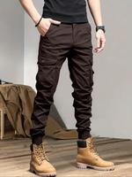 Men's Simple Solid Drawstring Cargo Pants, Loose Plain Casual Stylish Pocket Elastic Waist Trousers for Outdoor Wear, Men's S...
