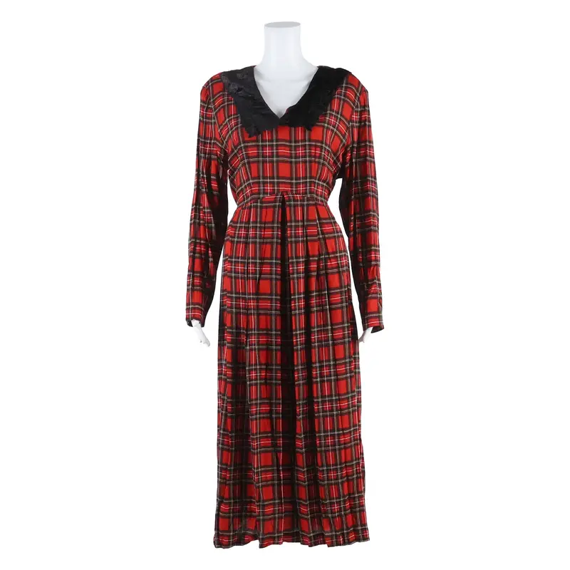 EXPO Womens Day Dress Red Check Long Sleeve Midi S