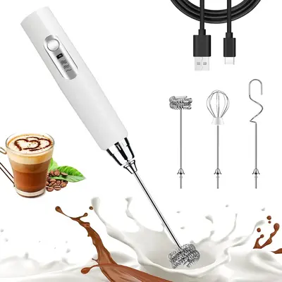 Rechargeable Handheld Electric Milk Frother Wand with 3 Detachable Whisking Heads & 3 Speed Settings for Latte Cappuccino Hot...