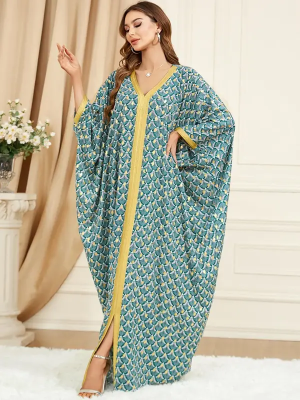Arabic Clothing-All Over Print Contrast Binding Front Split V Neck Kaftan, Elegant Long Sleeve Batwing Sleeve Loose Dress For...