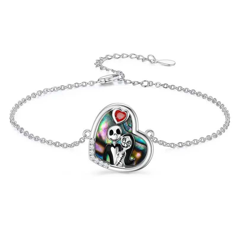 Sterling Silver Heart Shaped Abalone Shellfish Heart & Skeleton Charm Bracelet