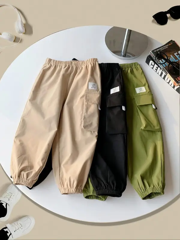 Boy's Solid Pocket Cargo Pants, Casual Comfy Trousers for Daily Wear, Kids Bottoms for All Seasons