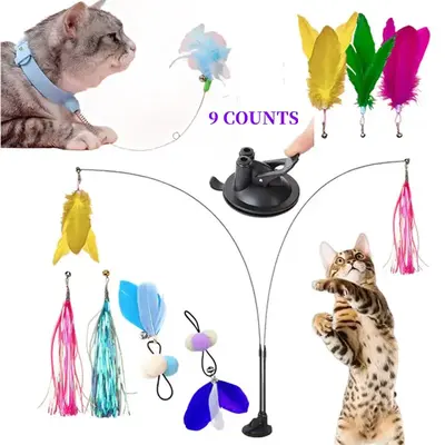Cat Feather Fishing Pole Toy Set, 9 Counts/set Adjustable Cat Teaser Toy, Interactive Cat Teaser Toy, Pet Supplies for Indoor...