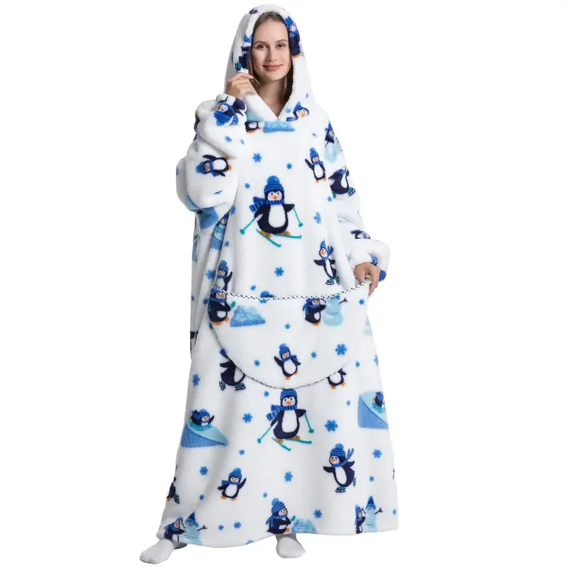 Cartoon Pattern Hooded Flannel Hoodie Blanket, 1 Count Air-conditioned Room Wearable Blanket with Pocket, Soft Warm Plush Bla...