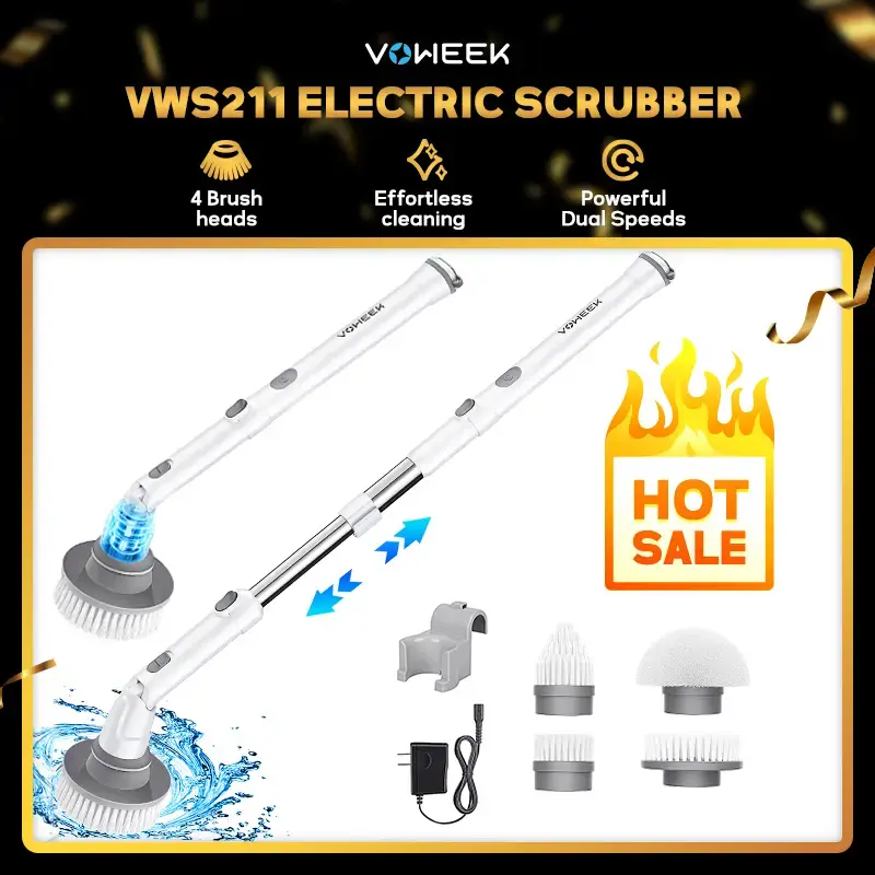 Voweek Electric Spin Scrubber with 4 Replaceable Brush Heads for Different Scenarios, Cordless Home Cleaning