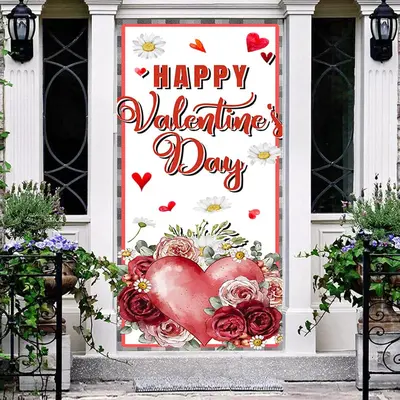 Roses Daisy Plaid Border Valentines Day Door Cover - Aperturee