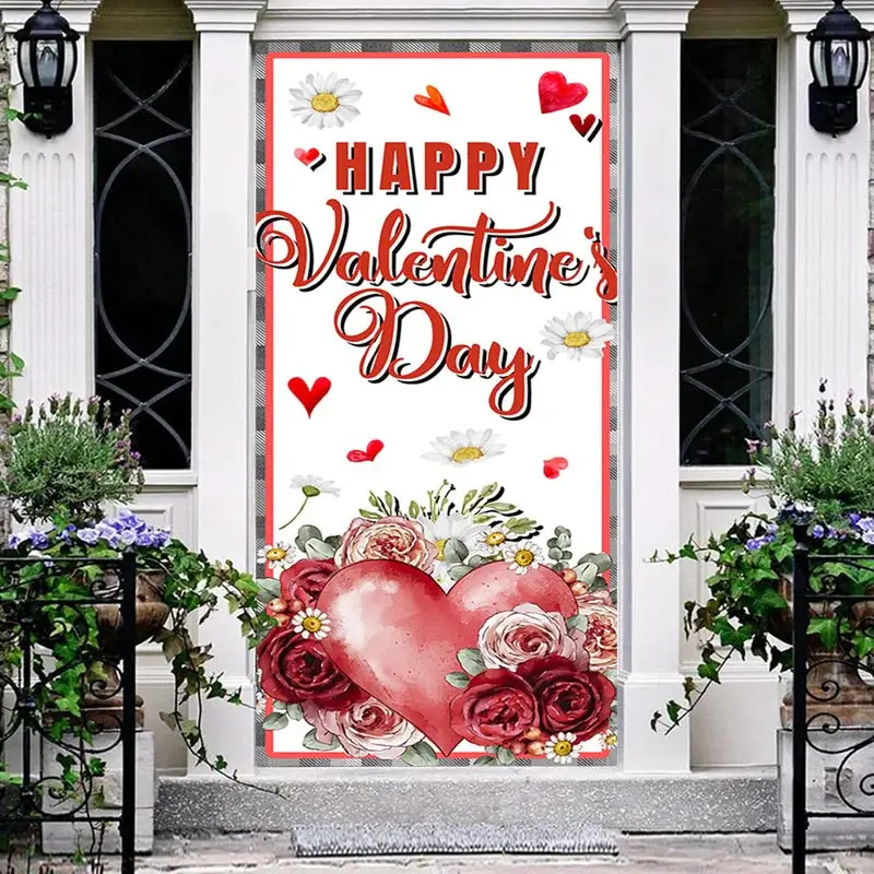 Roses Daisy Plaid Border Valentines Day Door Cover - Aperturee