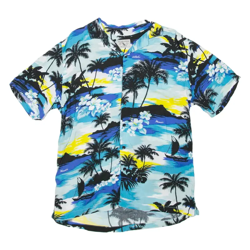 GRAND & HILLS Mens Hawaiian Shirt Blue Viscose Floral S