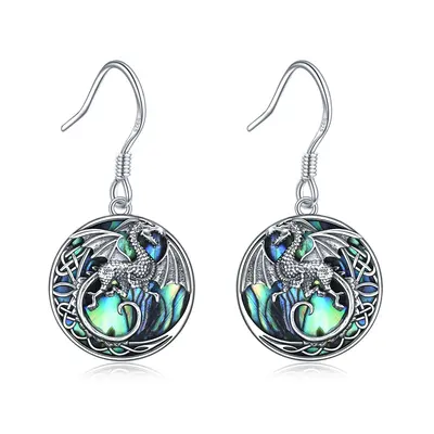 Sterling Silver Abalone Shellfish Dragon & Celtic Knot Drop Earrings