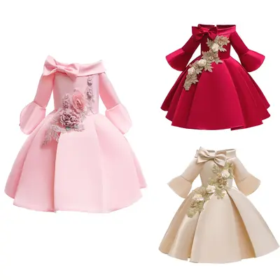 Princess Dress For 2-10Y Little Girls Embroidery Bow Long Sleeve Round Neck Dress Performance One Piece Party Dress ZT-3192 B...