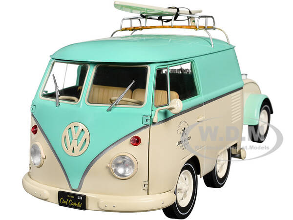 2024 Volkswagen Cool Combi Van with Trailer Long Beach Surfing Club Mint Green and Cream with Roof Rack and Surfboard 1/18 ...