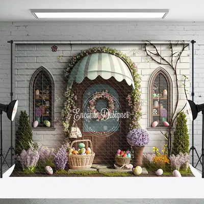 Arch Door Floral Egg Brick Easter Backdrop For Photo - Aperturee