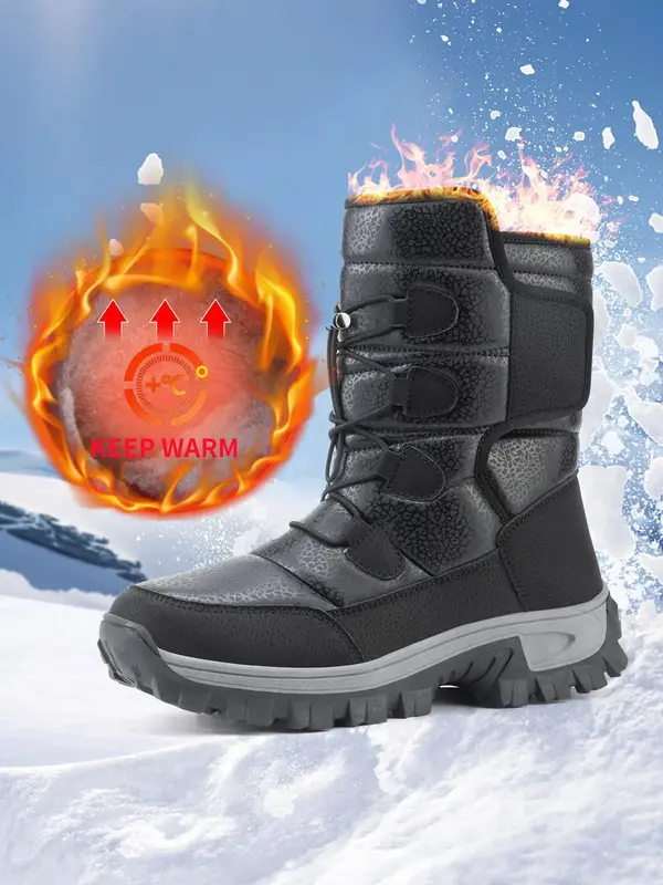 Men's Warm Plush Lining Snow Boots, Casual Waterproof Non-slip Outdoor Short Boots, Warm Ankle Snow  Footwear  for Winter Out...