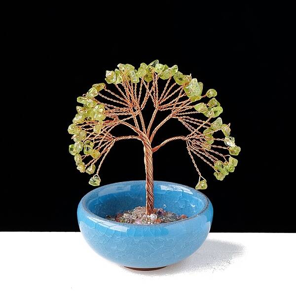 Natural Peridot Chips Tree of Life Decorations with Bowl Base